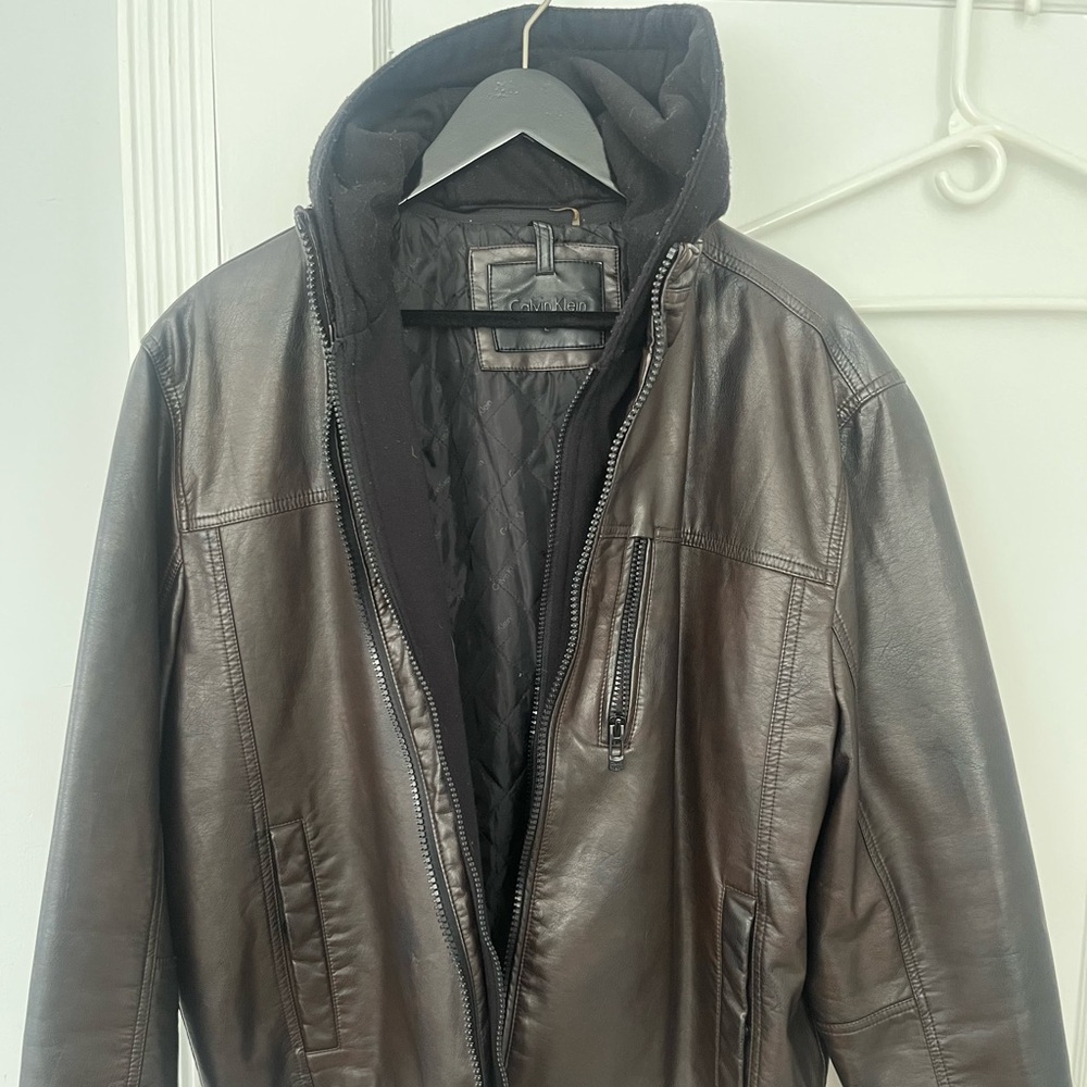 Calvin Klein faux leather jacket with removable fleece hood